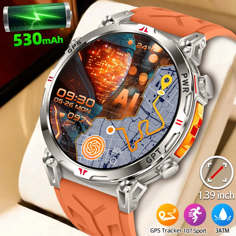 LIGE nuevo reloj inteligente GPS con batería grande de 530mAh para hombres pantalla HD de 1,39 pulgadas brújula para exteriores deportes Fitness Bluetooth llamada hombres Smartwatch