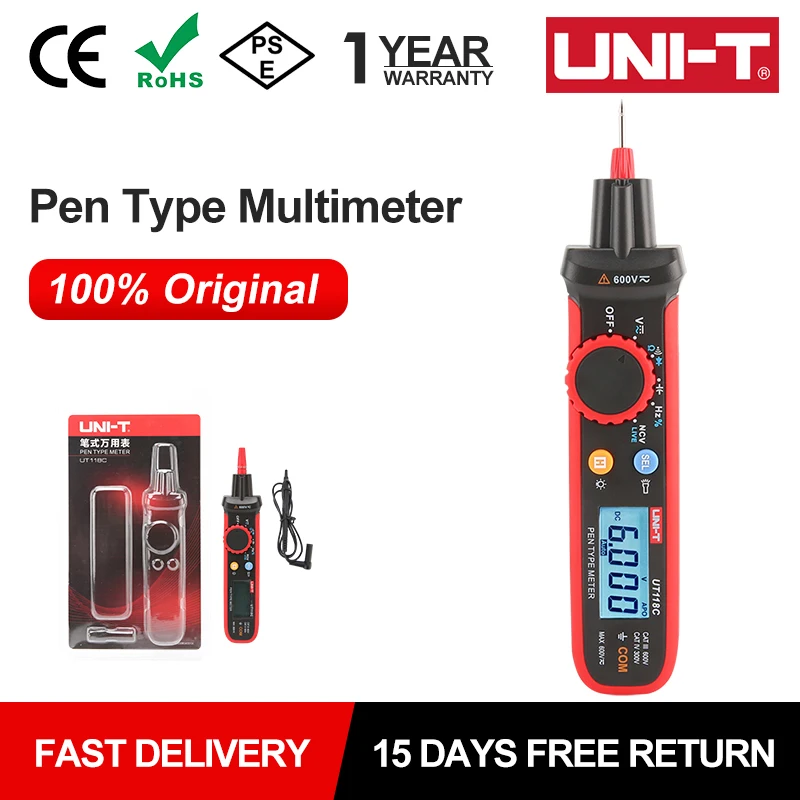 UNI-T Pen-Type Digital Automatic Multimeter UT118C 600V DC AC Voltmeter True RMS Frequency Meter NCV Capacitance Resistance Test