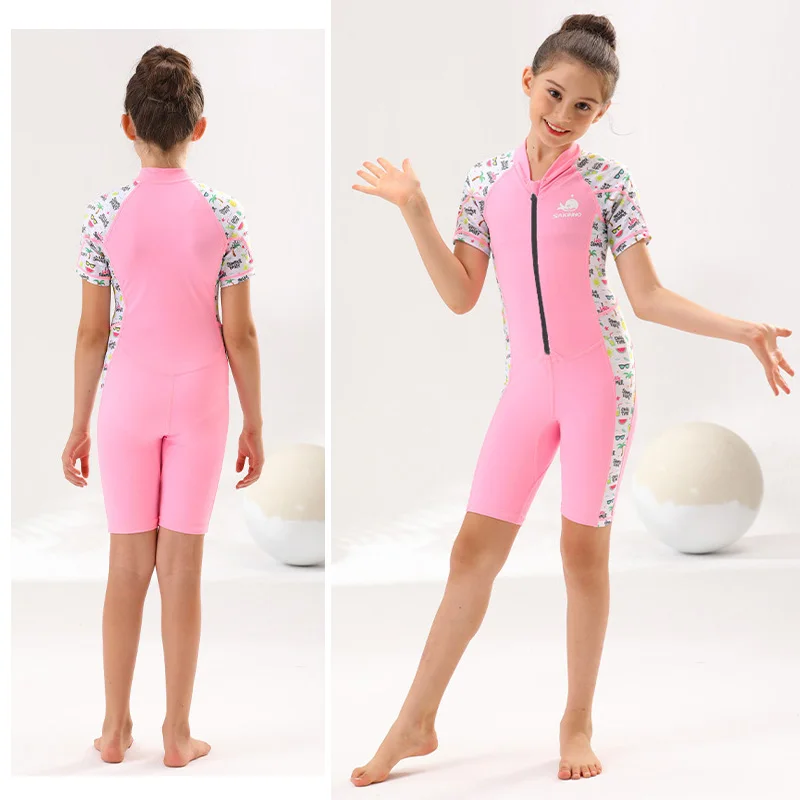 

Kids One-piece Swimsuit Dive Skin ,Boys Girls Toddlers 0.5mm Thin Shorty Wetsuit Rash Guard, Front Zipper Swimsuits Snorkeling