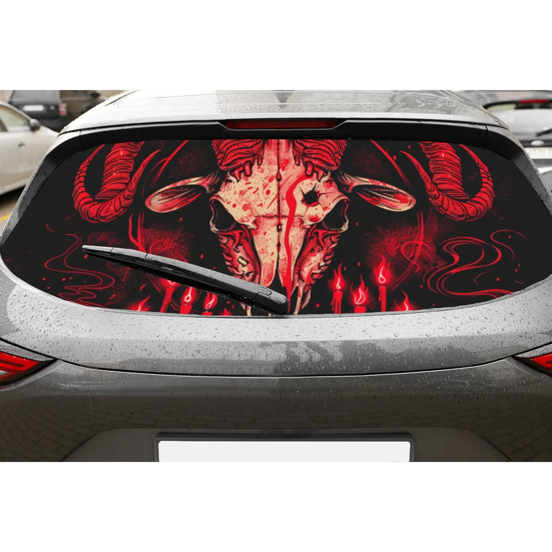 

Dark Red Ram Skull Print PVC Perforated Car Vinyl Wraps, Durable Car Rear Windshield Sticker, Waterproof Car Rear Window Decal,