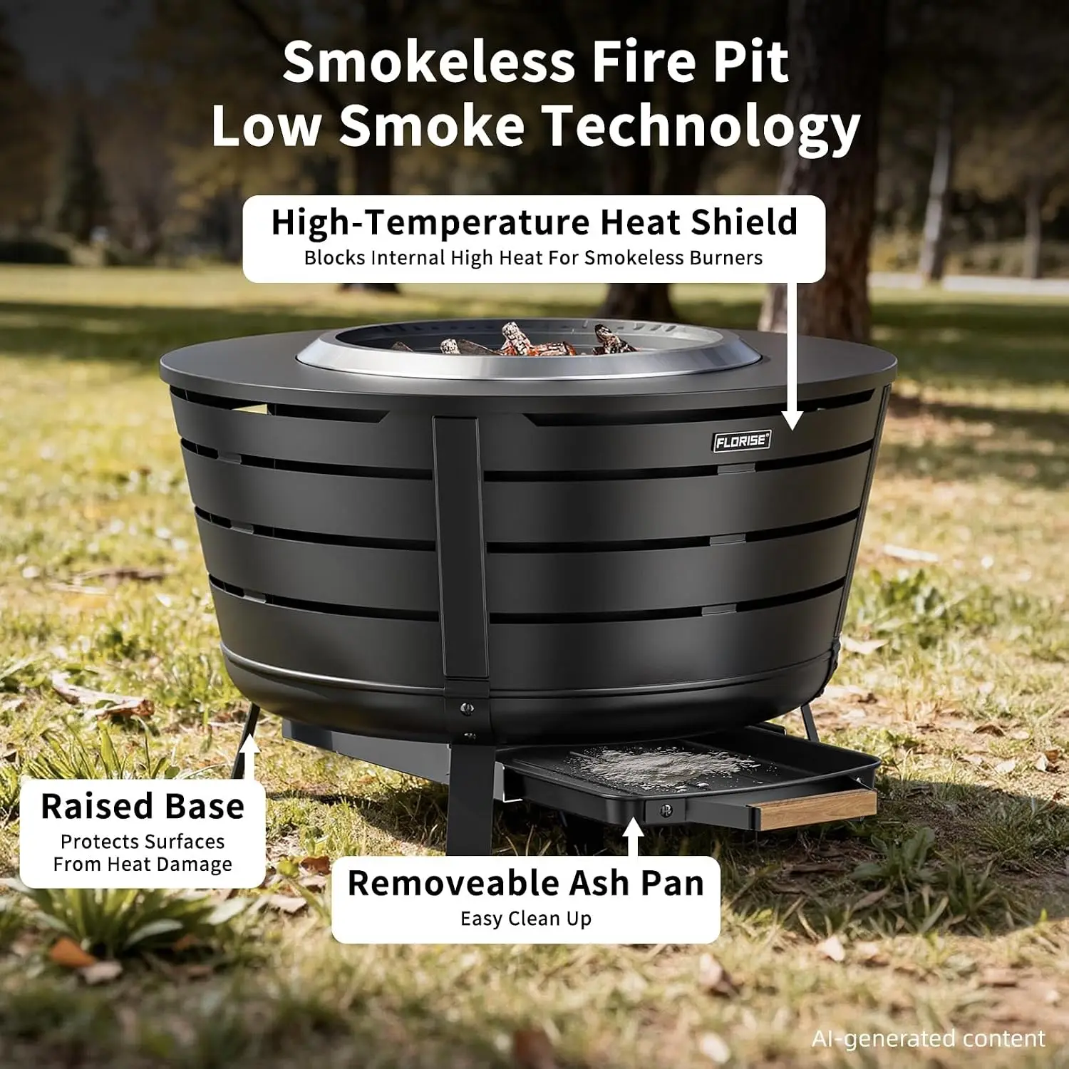 26.5 Inch Smokeless Fire Pit, Outdoor Portable Fire Pit with Stand, Removable Ash Pan & Heat Shield, Large Wood Burning