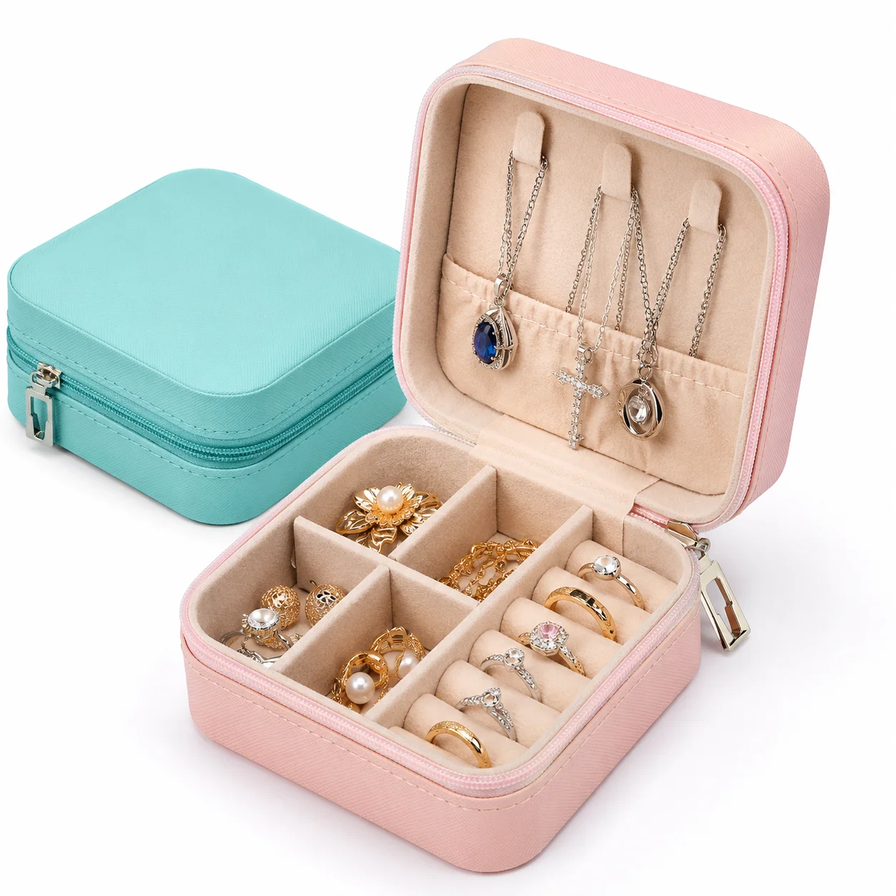 Tragbarer Schmuck-Organizer aus PU-Leder mit mehreren Fächern, Reise-Reißverschlusstasche für Ringe und kleine Accessoires – Detail 1
