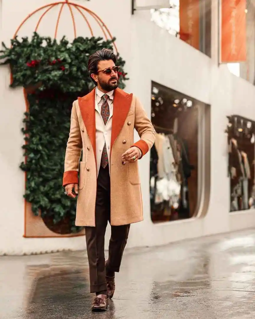 Modern Men Long Overcot Double Breasted Peaked Lapel Jacket Blazers Wool Blends Winter Customized One Piece