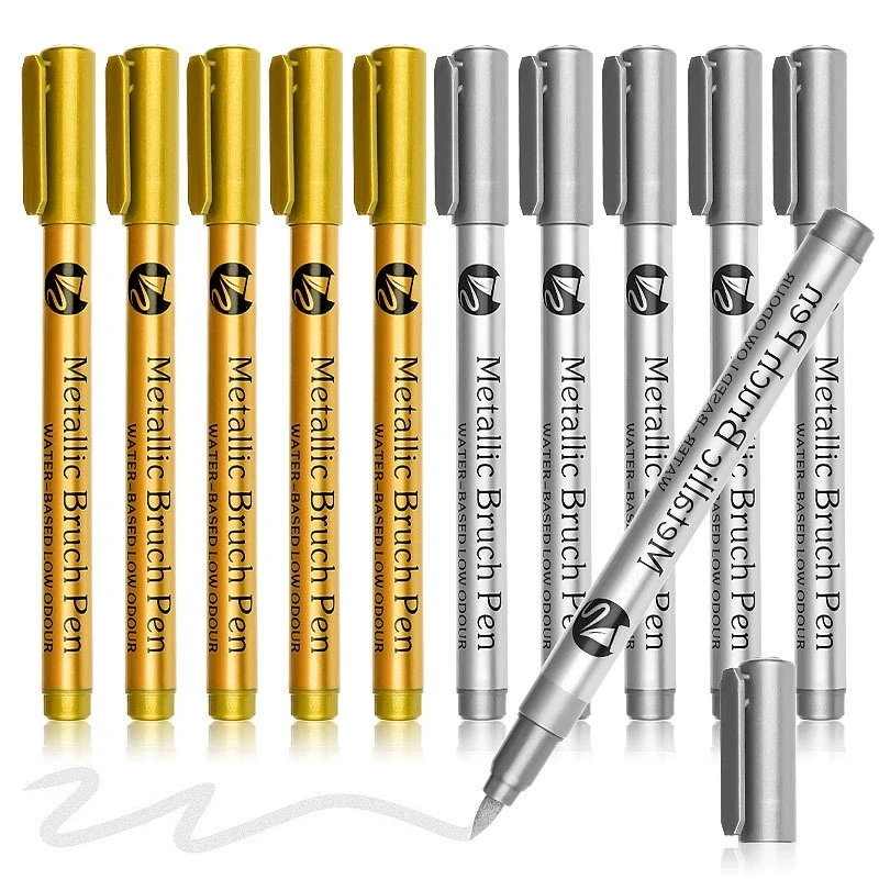 Metallic Marker Pens, Brush Tips, Gold/Silver Color Permanent Art Marker For Manga Crafts Scrapbooking Stationery Supplies