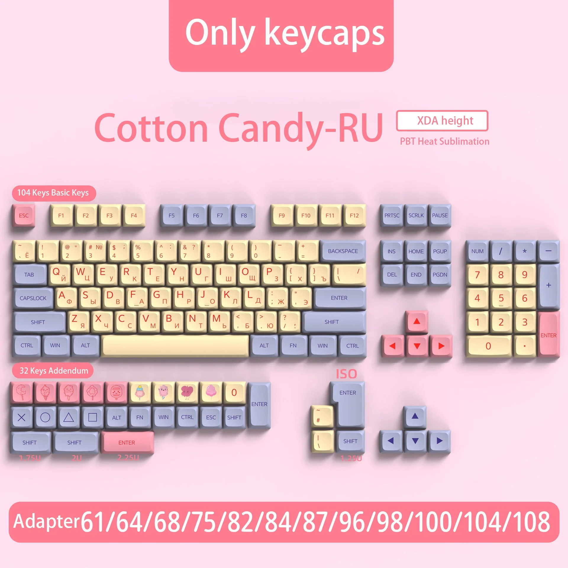 Russian Pink Keycap Set XDA Height PBT Theme Keycaps Adaptable 68/75/84/96/980/104 Key MX Switch Mechanical Keyboard Keycaps