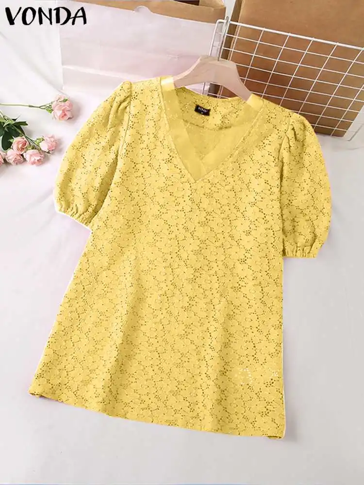 VONDA-Blusa holgada con cuello en V para mujer, camisa informal de encaje con manga corta abullonada, Color liso, 2023