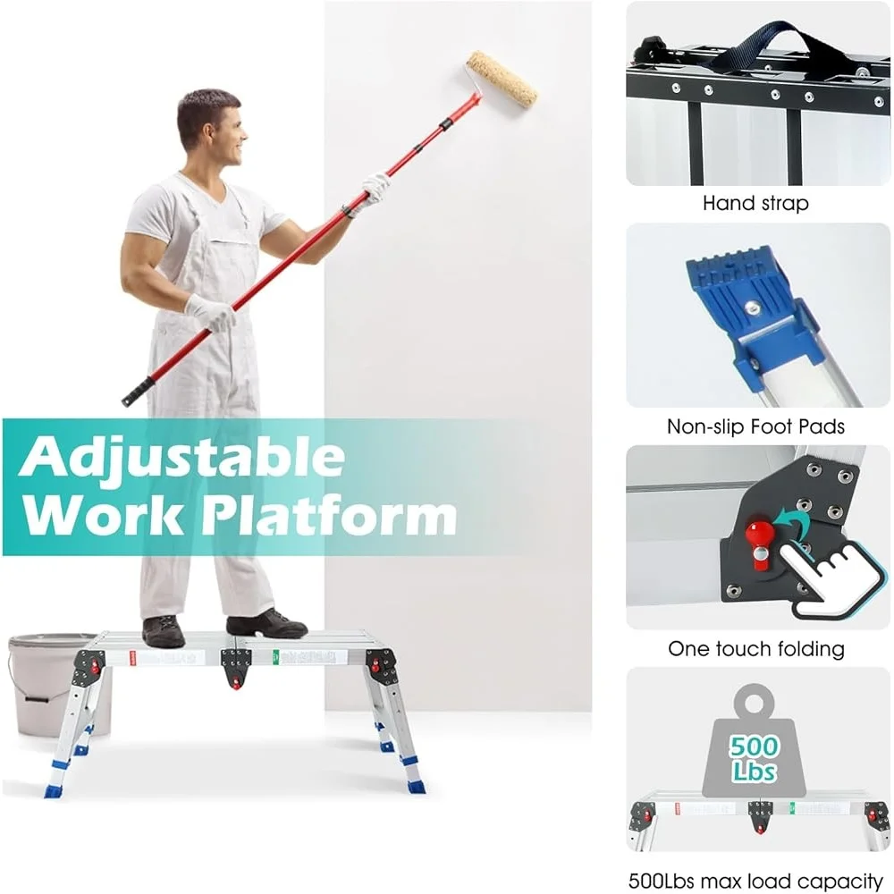 Adjustable Height Work Platform 43 inch Aluminum Step Stool One Touch Automatic Folding Portable Compact Ladder 330 lbs Capacity