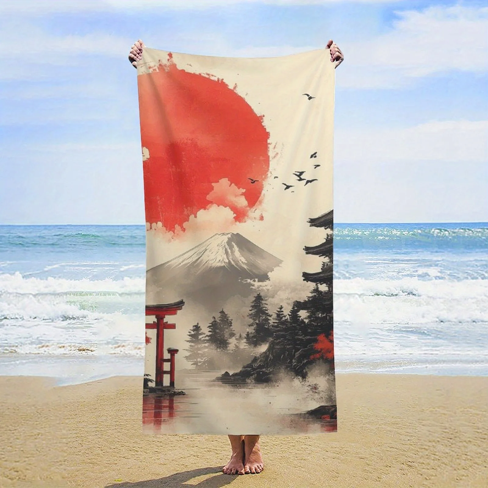 

1 шт. банное полотенце с узором в виде сцены из восточного храма, изготовлено из полиэстера, можно стирать в машине, подходит для путешествий, использования у бассейна и на пляже.