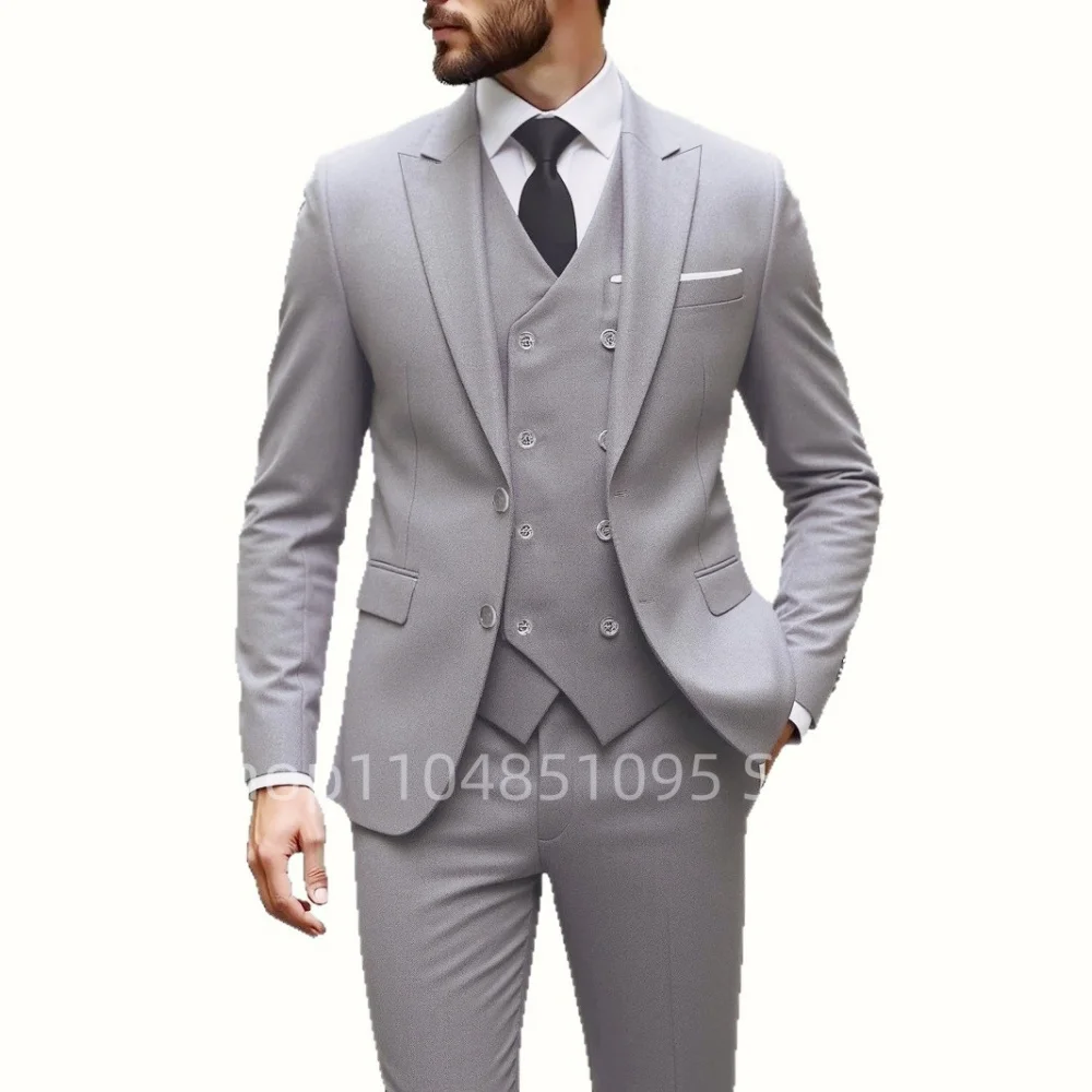 우아한 그린 3피스 남성용 웨딩 수트 슬림핏 피크 라펠 정장 재킷 조끼 바지 턱시도 세트 베스트맨 신랑 남성용