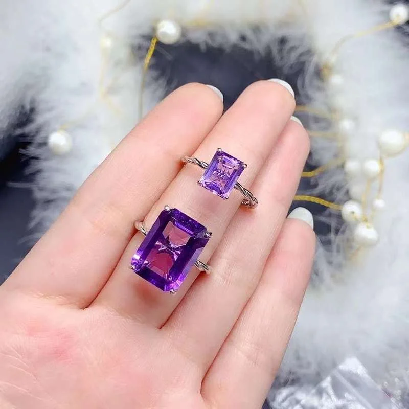 

YULEM Total 12mm*16mm Natural Amethyst Ring for Party 18K Gold Plating Amethyst Jewelry Luxury 925 Silver Amethyst Ring