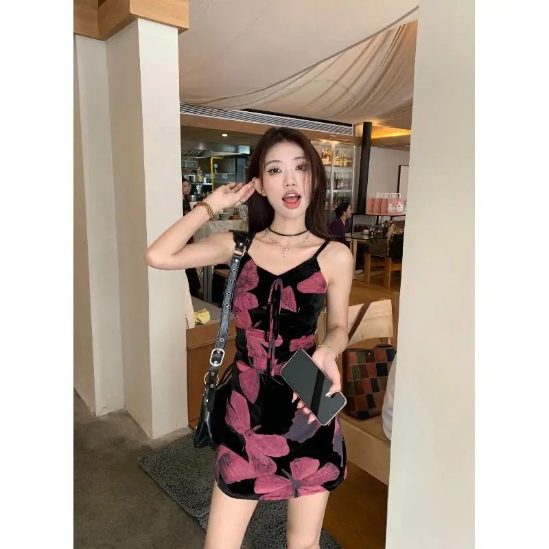 

Shpmishal Red and Black Butterfly Spicy Girl Retro Strap Hanging Dress Women's Summer INS Waist Long Dresses Female Clothing