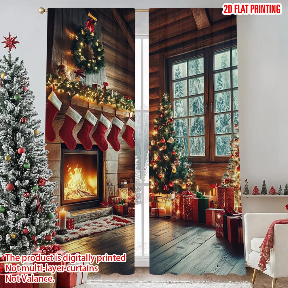 2pcs 2D flat printing Merry Christmas Window Curtains Farm Style Christmas Scene Durable 100% Polyester Fabric Without