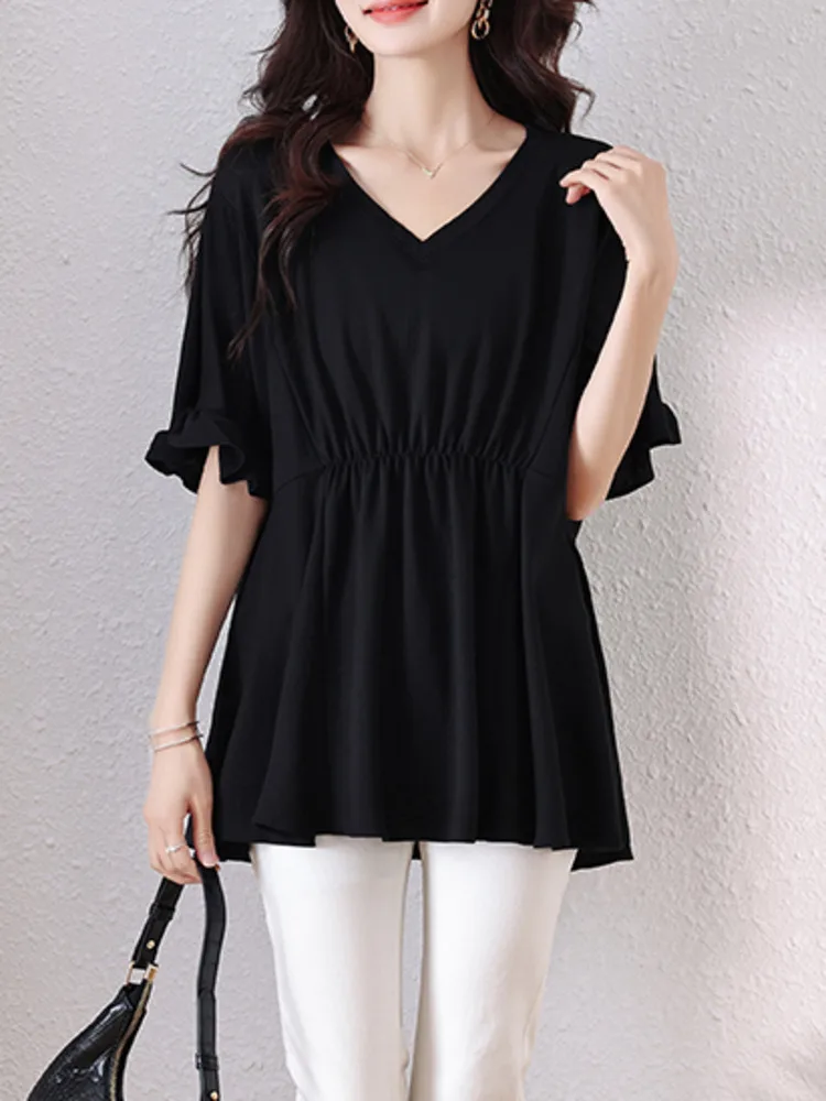 #2867 Black Irregular Blouse Women V-neck Folds Thin Sexy Split Joint Office Chiffon Womens Tops And Blouses Flare Sleeve Summer