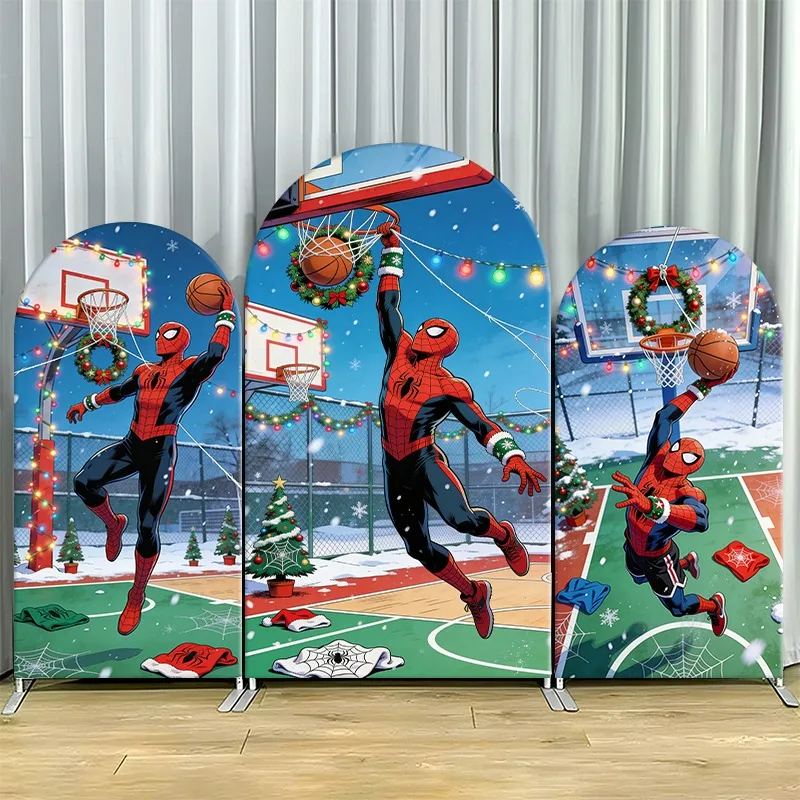 

Arch Backdrop Cover Single Side Spider Man Holiday Basketball Festive Snowy Court Party Decoration Photo Booth Background Props