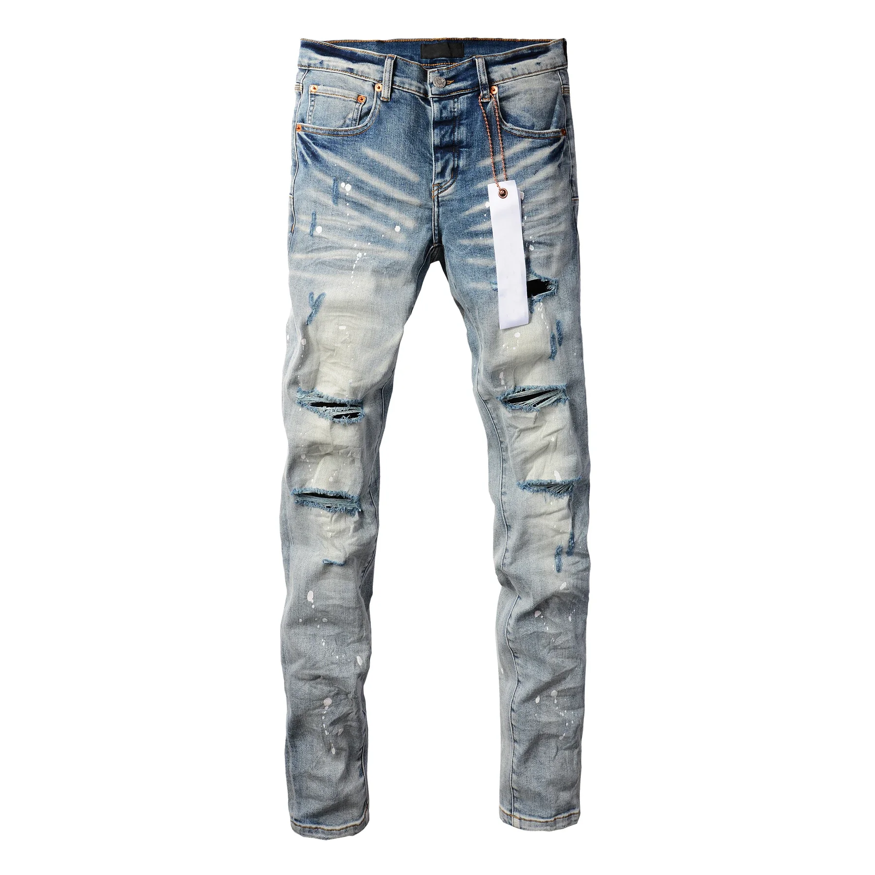 2024 Purple Man's High Street Blue Ripped Distressed Skinny Jeans Low Rise Denim Trousers Fashion Repair Pants