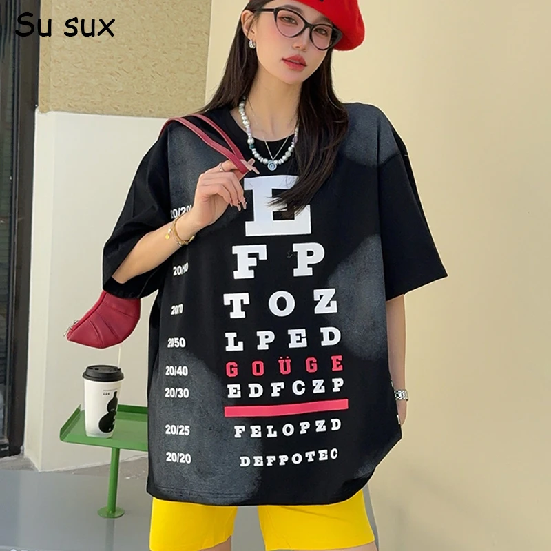 

Женские футболки, лето 2025 г., повседневная футболка с буквенным принтом и короткими рукавами, большие футболки, Vestidos, бюст, 130 см, хлопок, топы Y2k, одежда Femme