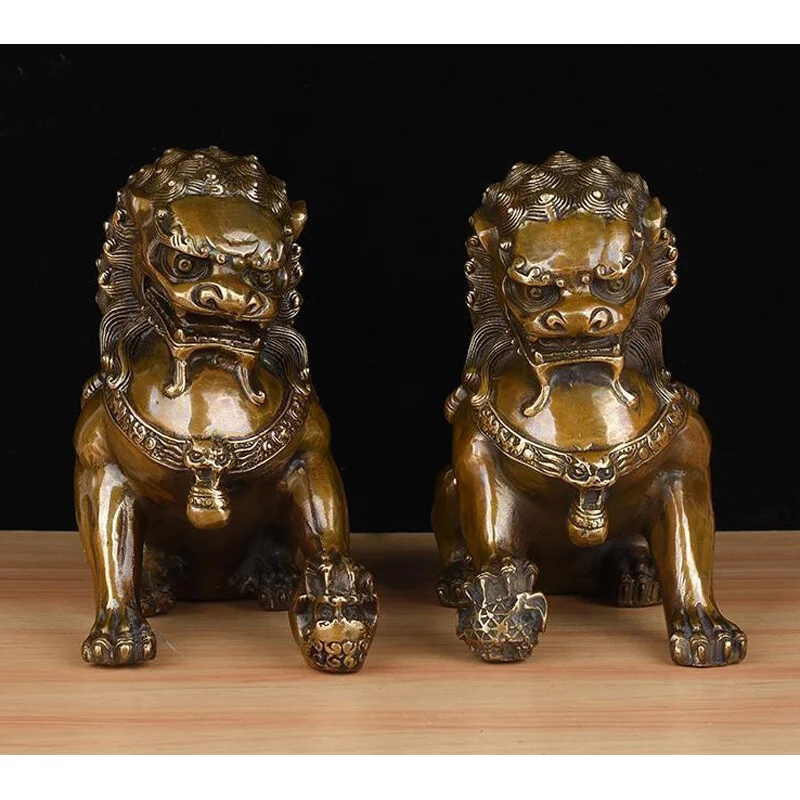 

15cm Auspiciou Pair Bronze Lion Foo Dog Statue fengshui Wealth Lions Statues