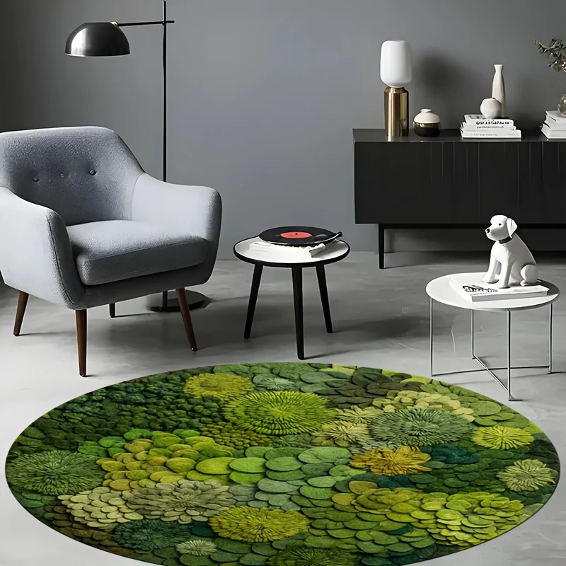 Bohemian Round Green Moss Rug Area Carpet Plush Polyester Nature Design Circular Living Room Decor Floor Mat for Home Decoration