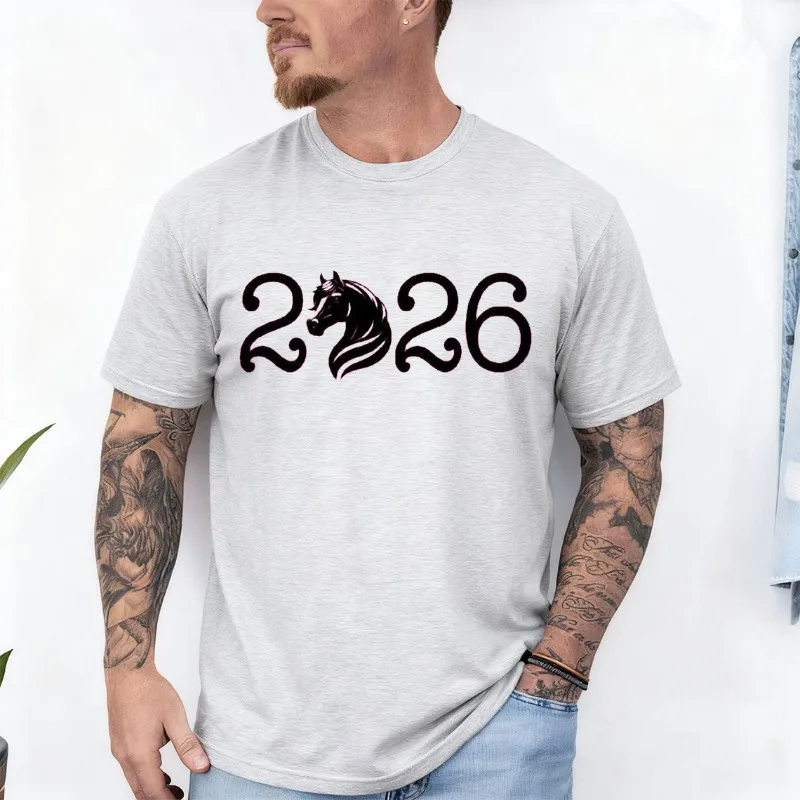 

2026 New Years Horse Silhouette Youth T-Shirt Crew Neck Short Sleeve Cotton Top All Seasons Casual Fashion Comfortable Tees