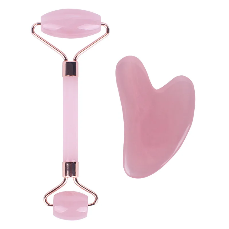 

Jade Roller Gua Sha Set Natural Rose Quartz Jade Roller for Face Beauty Facial Roller Massager Tools Face Skin Care Tools-Pink
