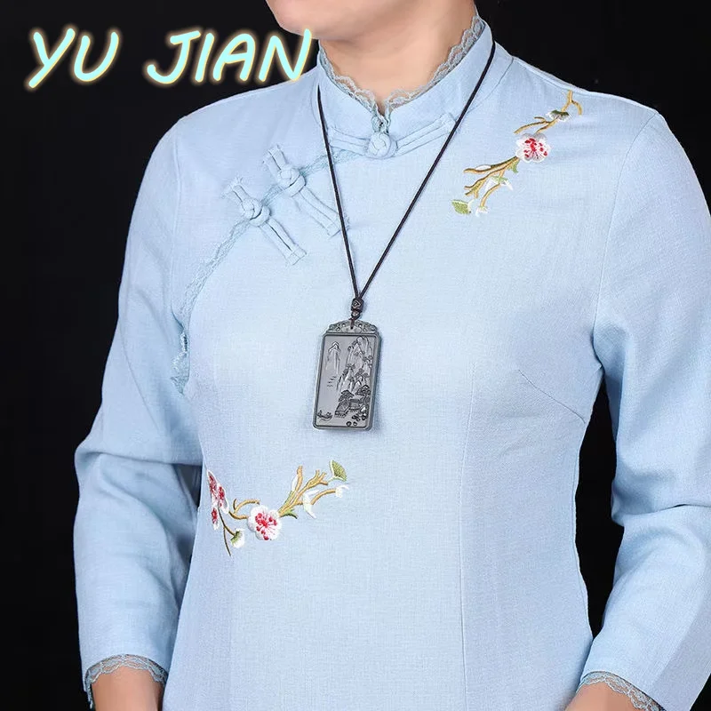 أحدث الطبيعية Hetian الأزرق اليشم نحت المشهد قلادة الزمرد غرامة مجوهرات مع سلسلة قلادة غرامة المصوغات #5