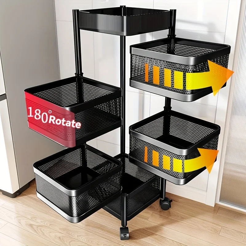 1 Square 5-Tier Black Rotating Shelving Unit—Multifunctional Floor-Standing Living Room and Bathroom Shelving Unit