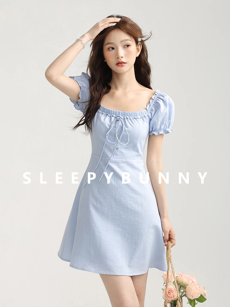 

Women Spring Blue Puff Sleeve Dress Sweet Square Neck A-Line Mini Dress Petite Fit with Tie Detail Elegant and Feminine Style