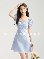 Women Spring Blue Puff Sleeve Dress Sweet Square Neck A-Line Mini Dress Petite Fit with Tie Detail Elegant and Feminine Style