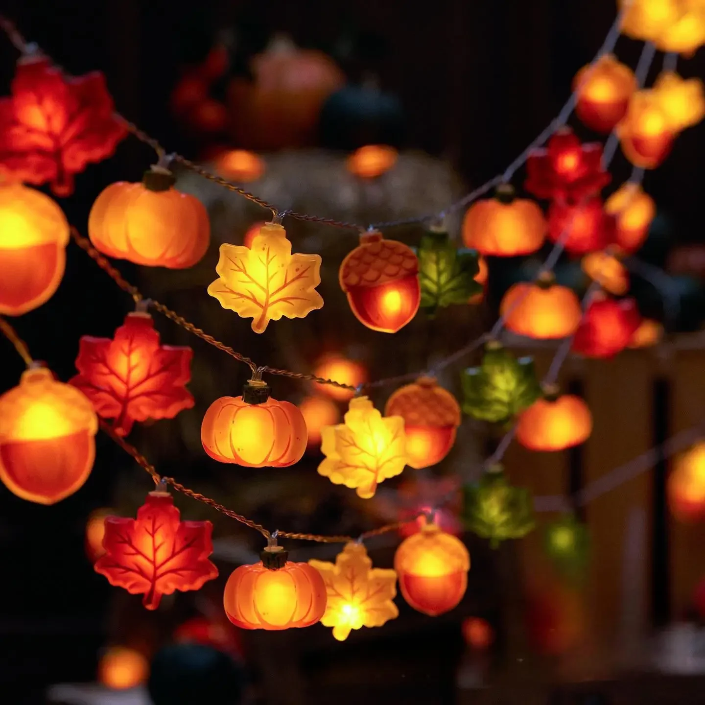 1 Juego de guirnalda de luces LED de hoja de arce y nuez de calabaza para Halloween, decoración para fiesta de Navidad, accesorios de lámpara colgante, regalo de Acción de Gracias