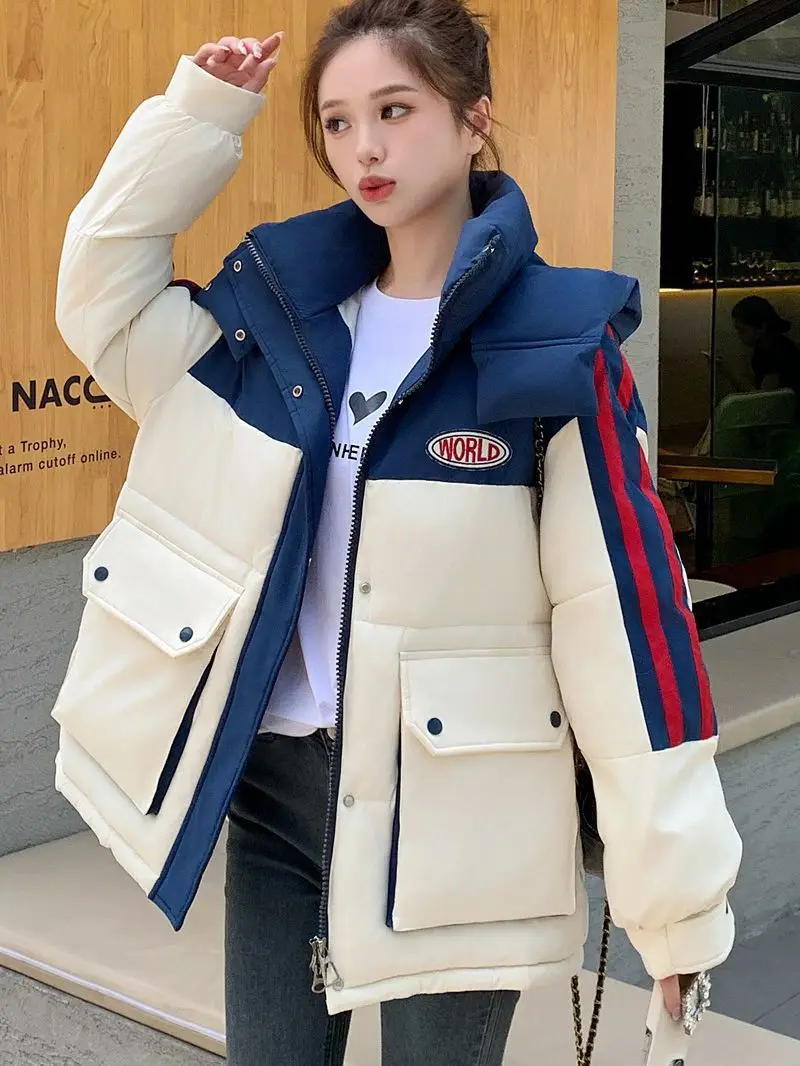 

2023 Oversized Down Cotton Coat Women Korean Winter Jacket Warm Casual Hooded Parkas Patchwork Puffer Thick Snow Wear Outwear