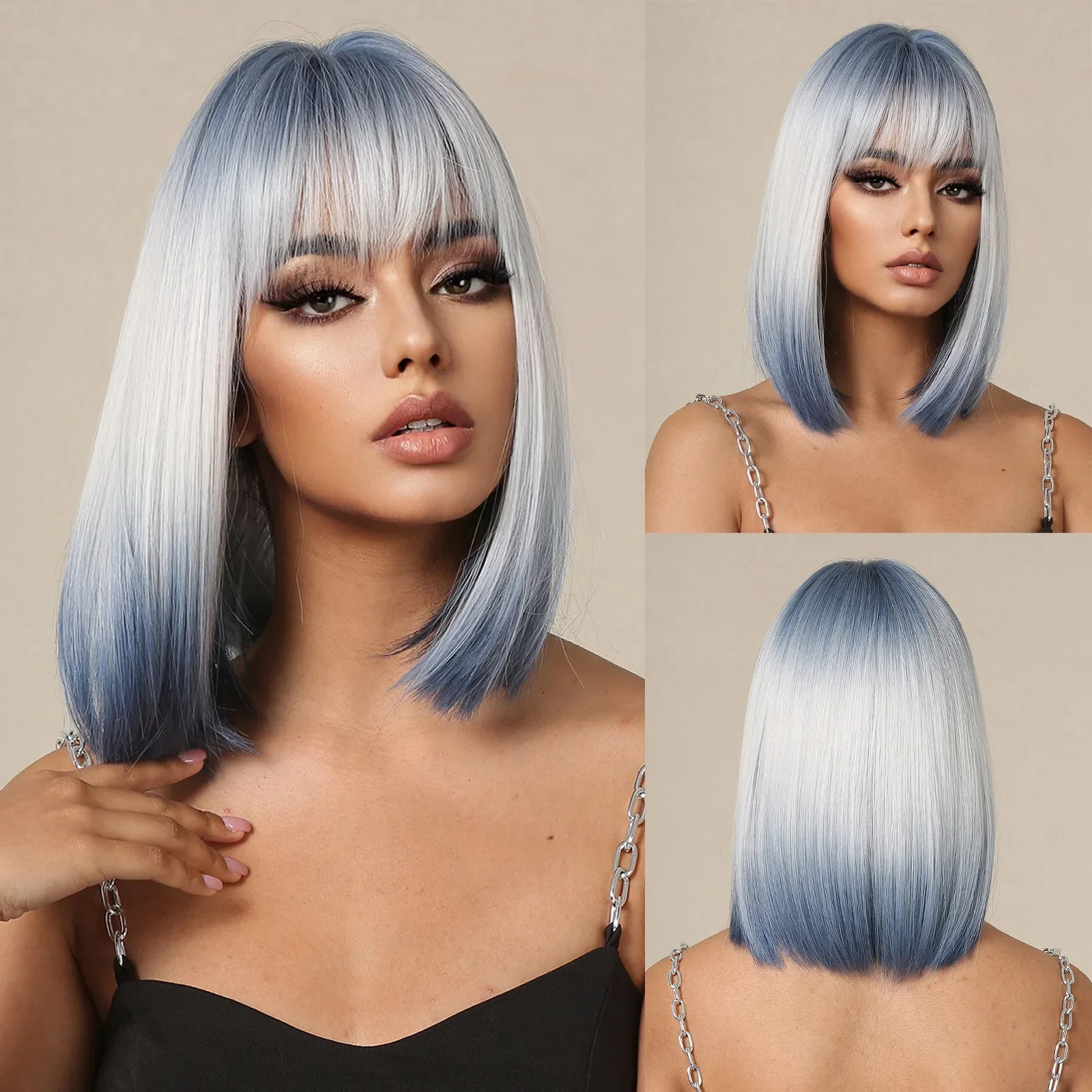 Ombre Blonde Blue Bob Wigs for Women Shoulder Long Straight Synthetic Hair Wig with Bangs Hair Replacement Female Daily Cosplay