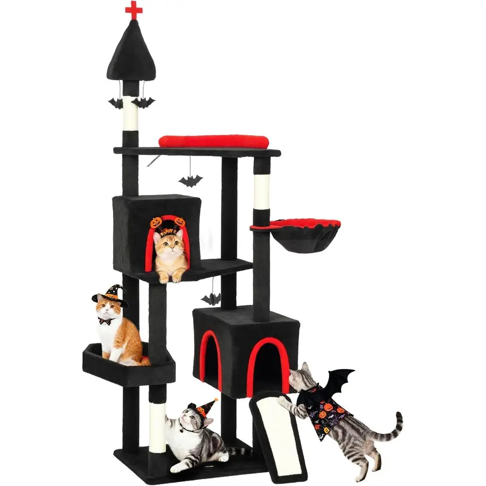 

Высокая кошачья башня 78 дюймов с 2 домиками, когтеточками, подвесными шариками, гамаком, лежанкой - в тематике «Призрачный красный и черный»