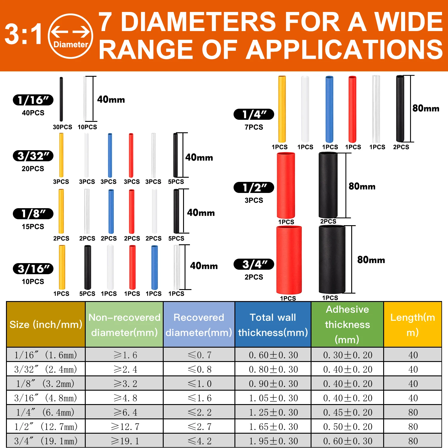 40 Kinds 3:1 Heat Shrink Tubing Kit With Glue Waterproof Double Wall Adhensive Lined Wire Polyolefin Cable Sleeve Assorted 97Pcs