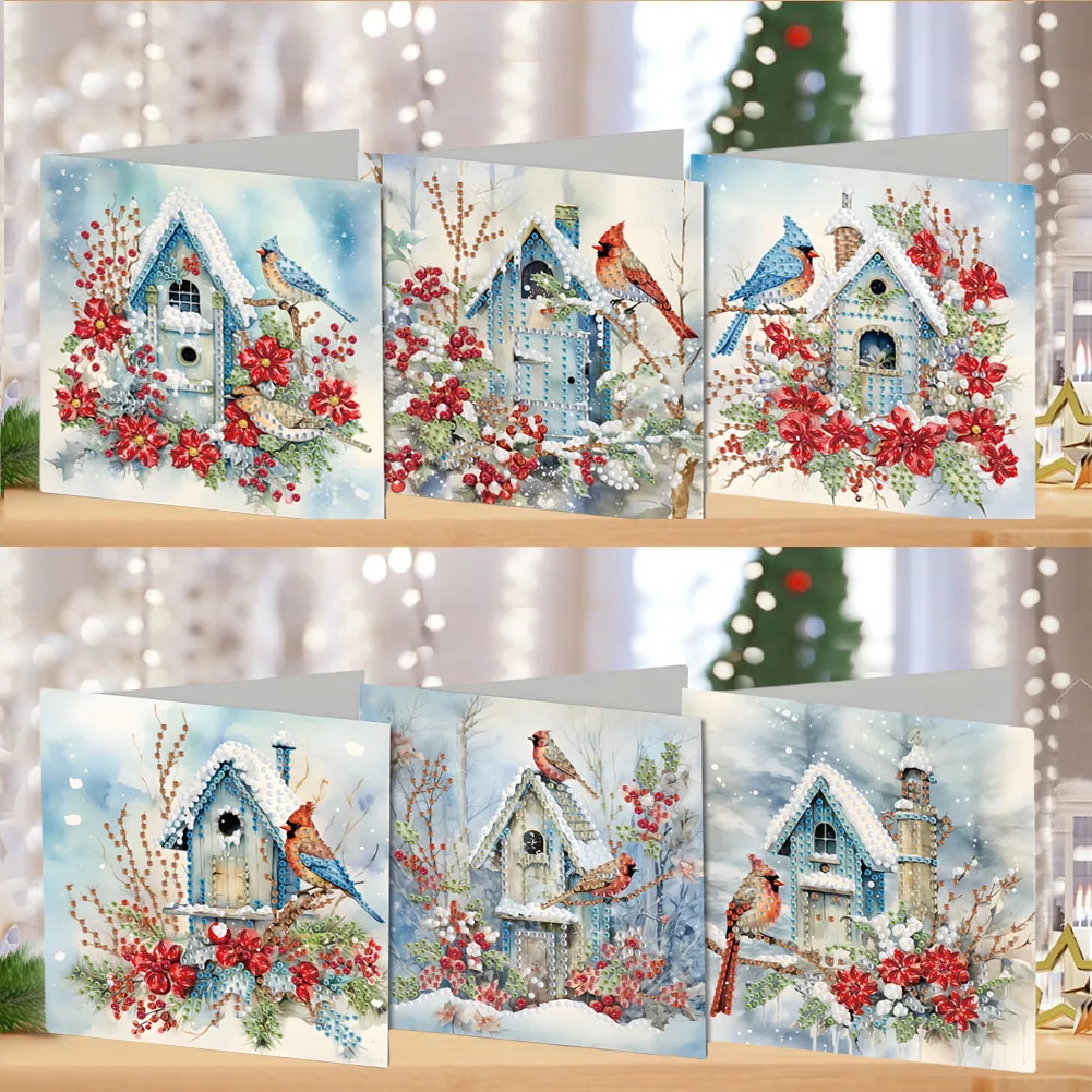 

6 pieces/set DIY diamond Painting Greeting card Bird with Cottage pattern Craft Diamond Art Birthday card, holiday gift