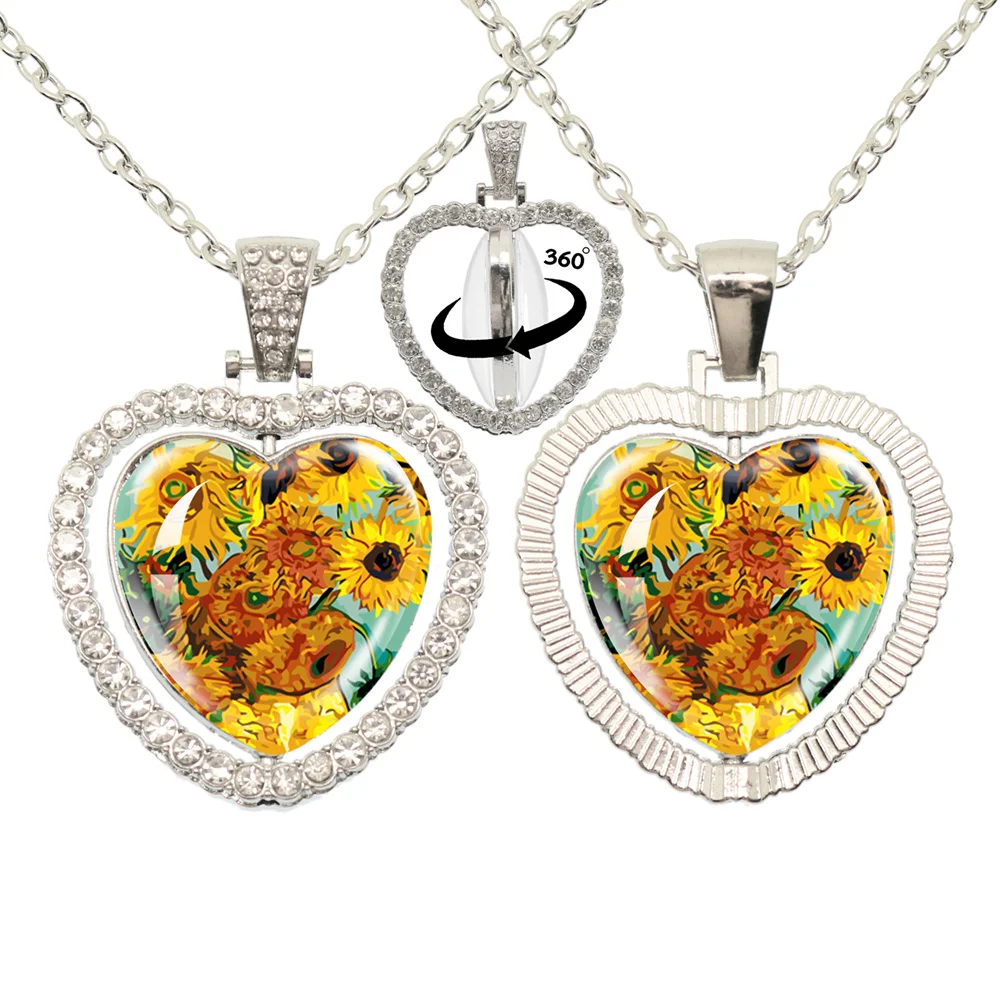 Van Gogh Art Starry Night Sunflower Peach Heart Double Sided 360 Spin Necklace Glass Pendant Printed Photo Necklaces