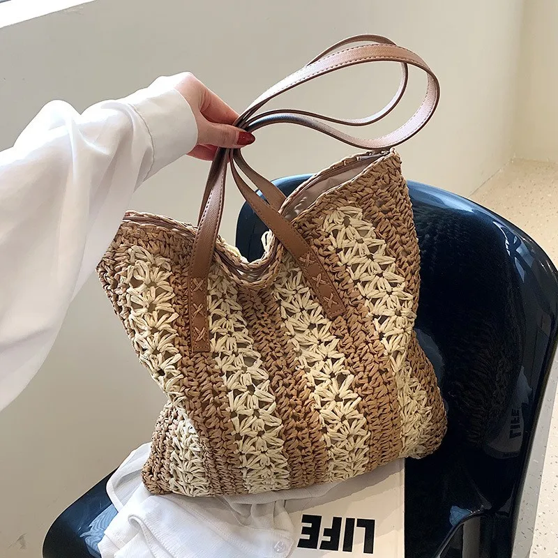 Tas Bahu Wanita Jerami Tas Tangan Anyaman Anyaman Desain Mutiara Fashion Tas Rotan Pantai Musim Panas Kasual Dompet Belanja Tote Besar