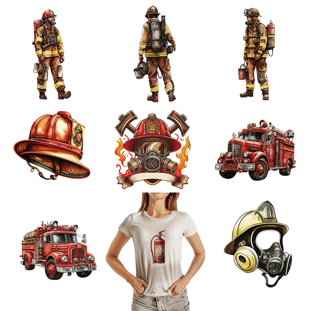 Iron on Patches Fire Protection Series Fire Truck Hat Mask Dtf Transfers Ready to Press Iron-on Transfers for Clothing DIY Arts