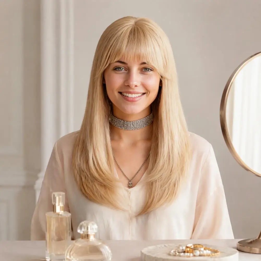 Long Straight Wigs Synthetic Wigs with Bangs Blonde Long Straight Wig with Bangs Natural Fluffy Synthetic Hairpiece Heat