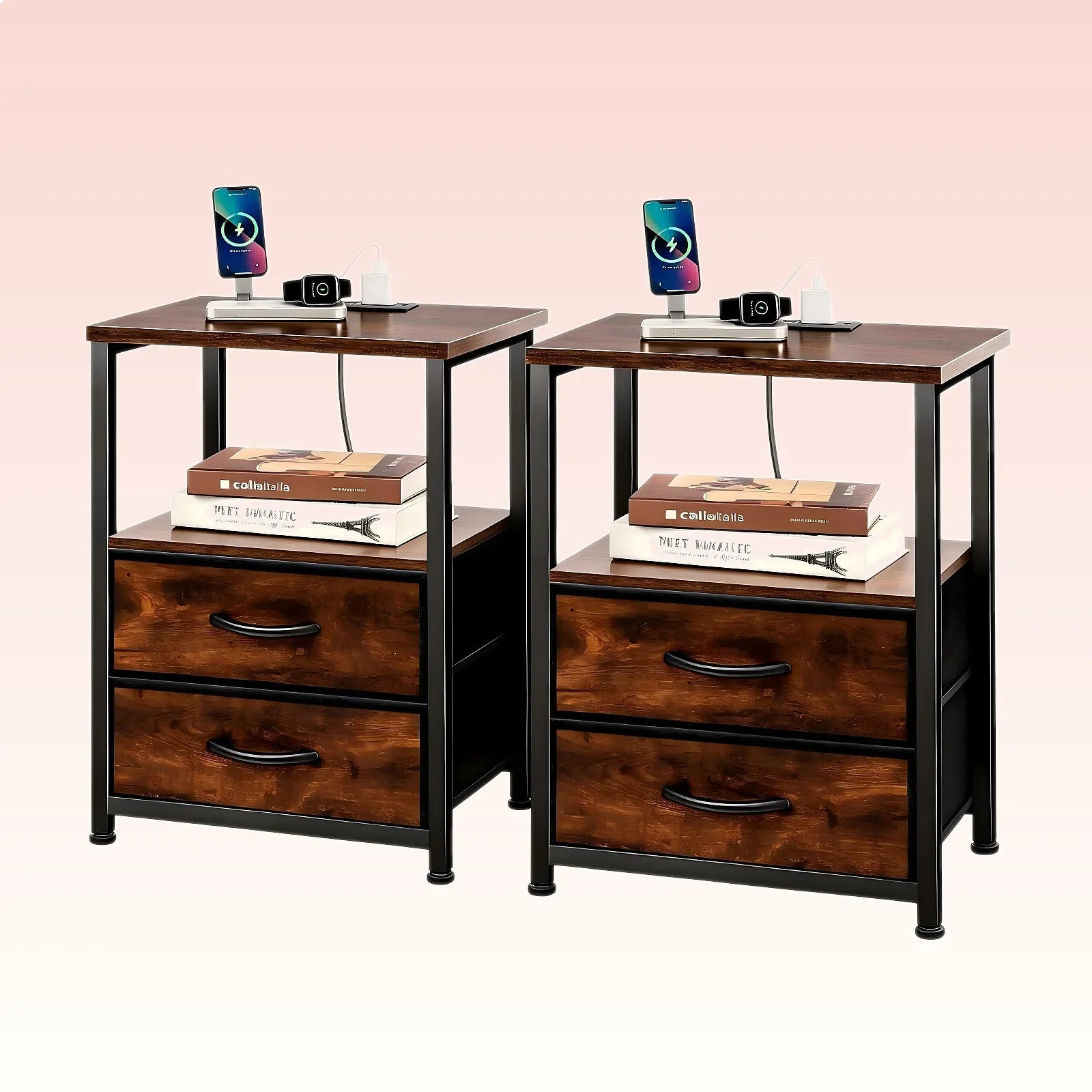 2 Pack Nightstand Set with USB Charging Station, 2-Drawer Bedside Table