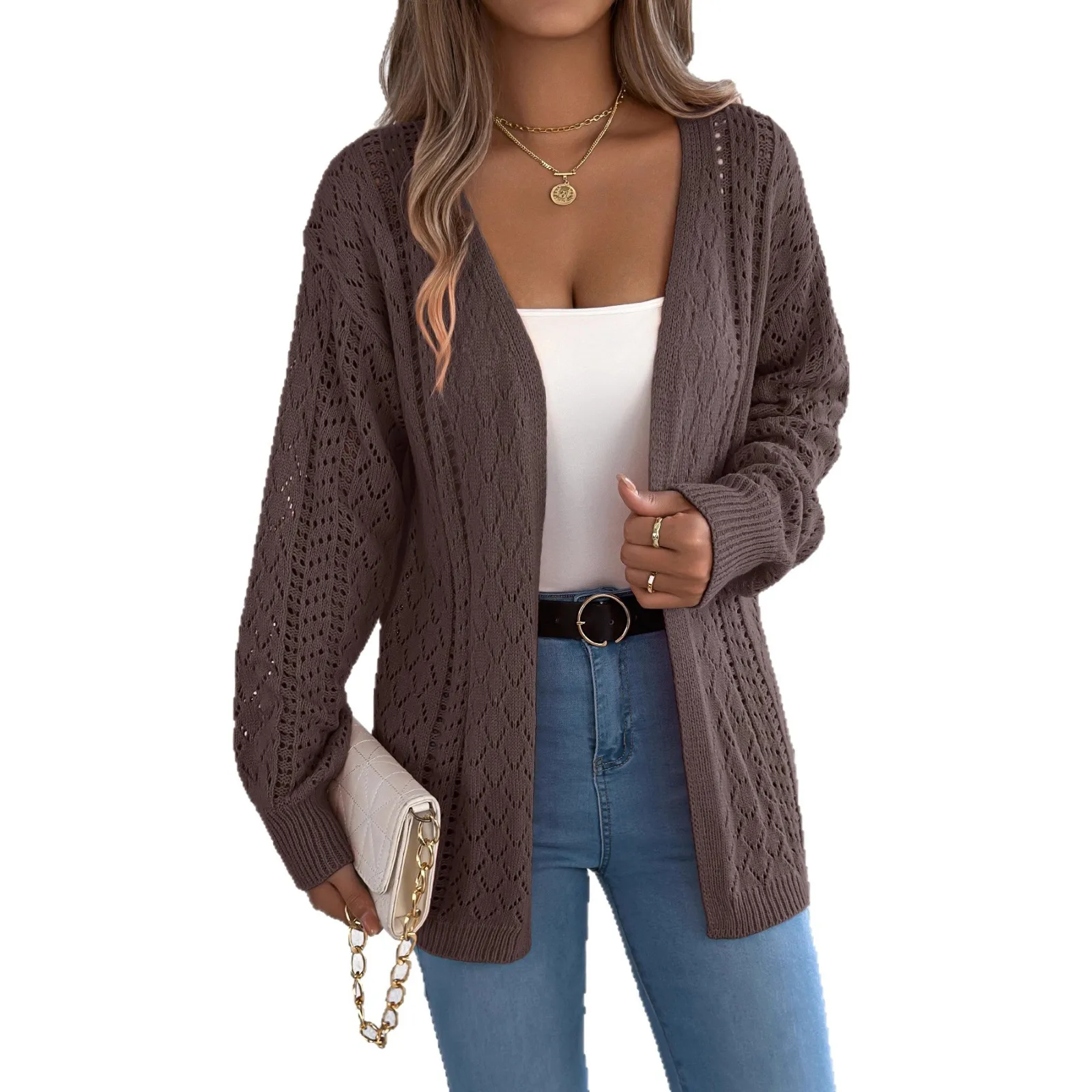 

2025 New Fashion Hollow Lantern Sleeve Cardigan Women Autumn Casual Loose Solid Color V-neck Jacket For Women