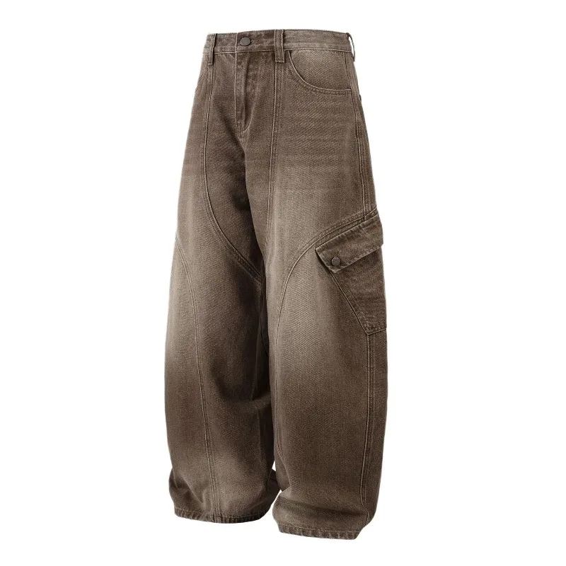 KIDWHXR Man Denim Pant American Retro Gradient Color Male Harem Pant Streetwear Loose Washed Pocket Versatile Men Trousers