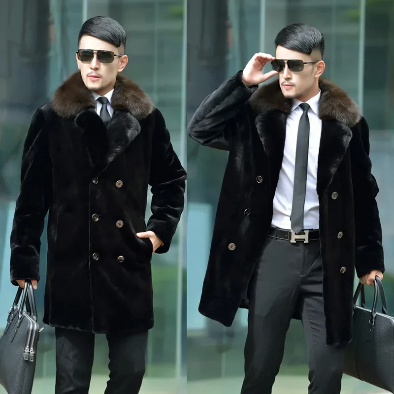 Suit Collar Double-breasted Faux Fur Coat Men Luxury Brand Winter Thick Warm Fur Coat Slim Korean Trench Coat Long Sleeve New
