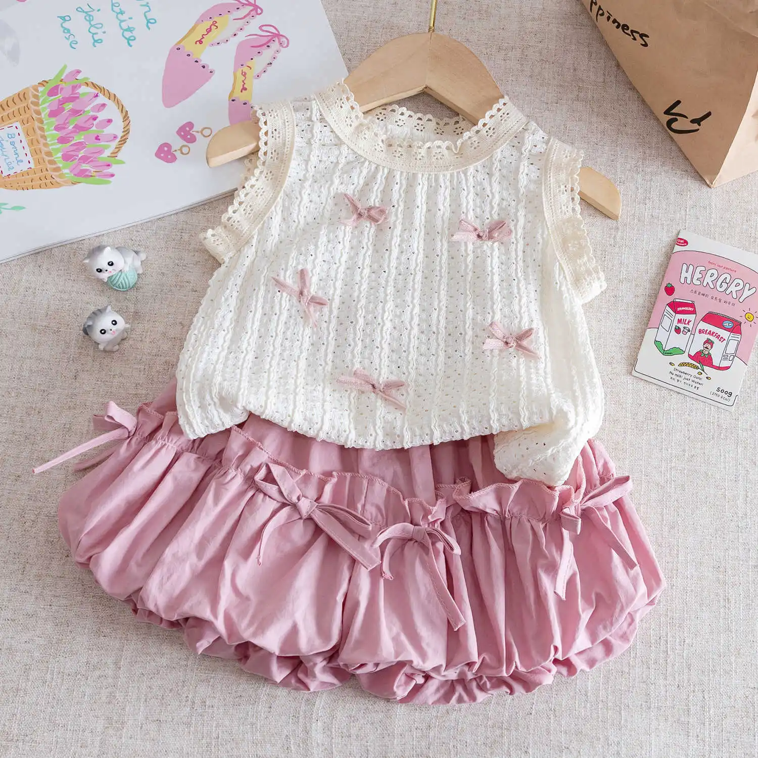 

Summer Outfits for Girls - Stylish Bow Vest And Short Skirt with Flower Buds - Children's Clothing Set