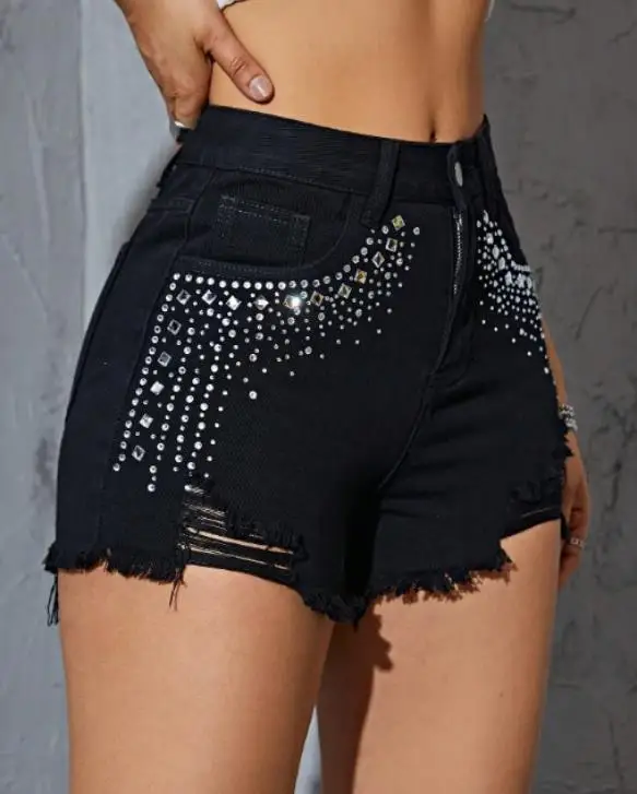 Shorts in Denim da Donna, Nuova Collezione Estiva, Design Elegante alla Francese con Applicazioni in Strass e Nappe Traforate, Shorts in Denim Aderenti