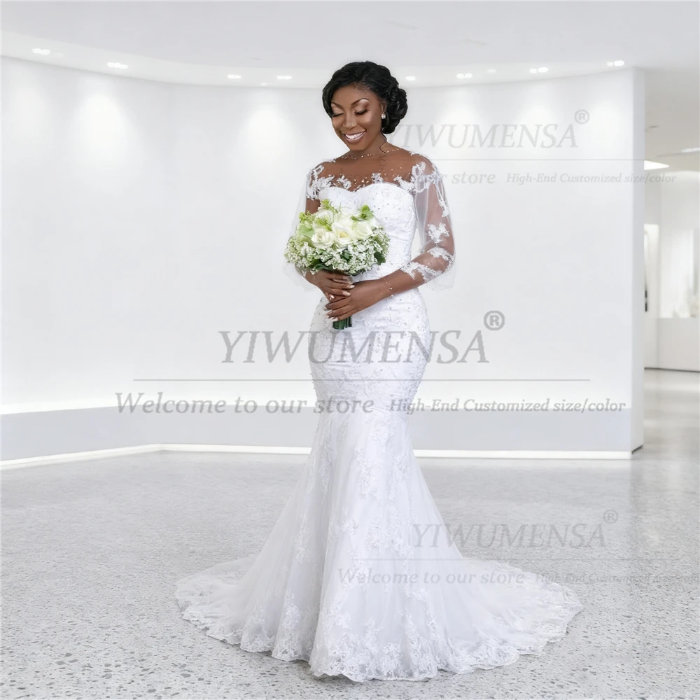 아프리카 인어 웨딩 드레스 스킨 튤 긴 소매 아플리케 비즈 장식 O넥 신부 가운 맞춤형 정장 파티 의류
