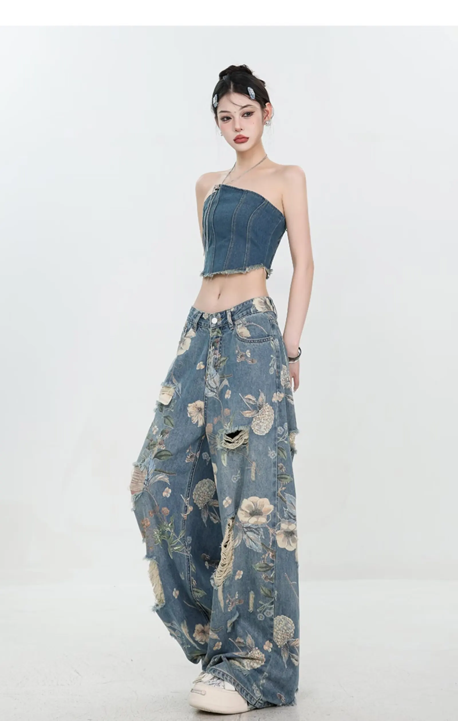 Jeans a gamba larga con fiori strappati da donna vintage estate nuovo stile vita alta elegante aderente Y2K stile Harajuku alla moda