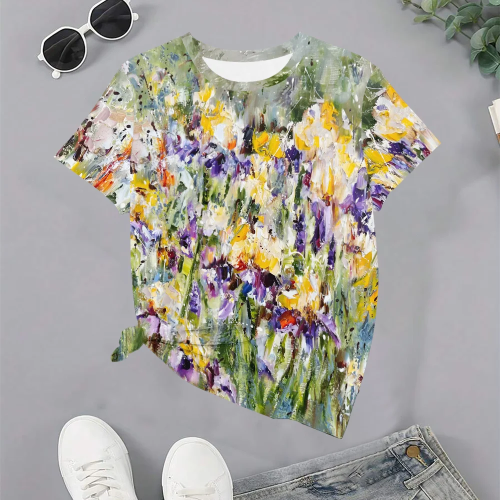 

Women's Multicolor Abstract Floral PrintT-Shirt - Summer Casual Fit Artistic Round Neck Short Sleeve