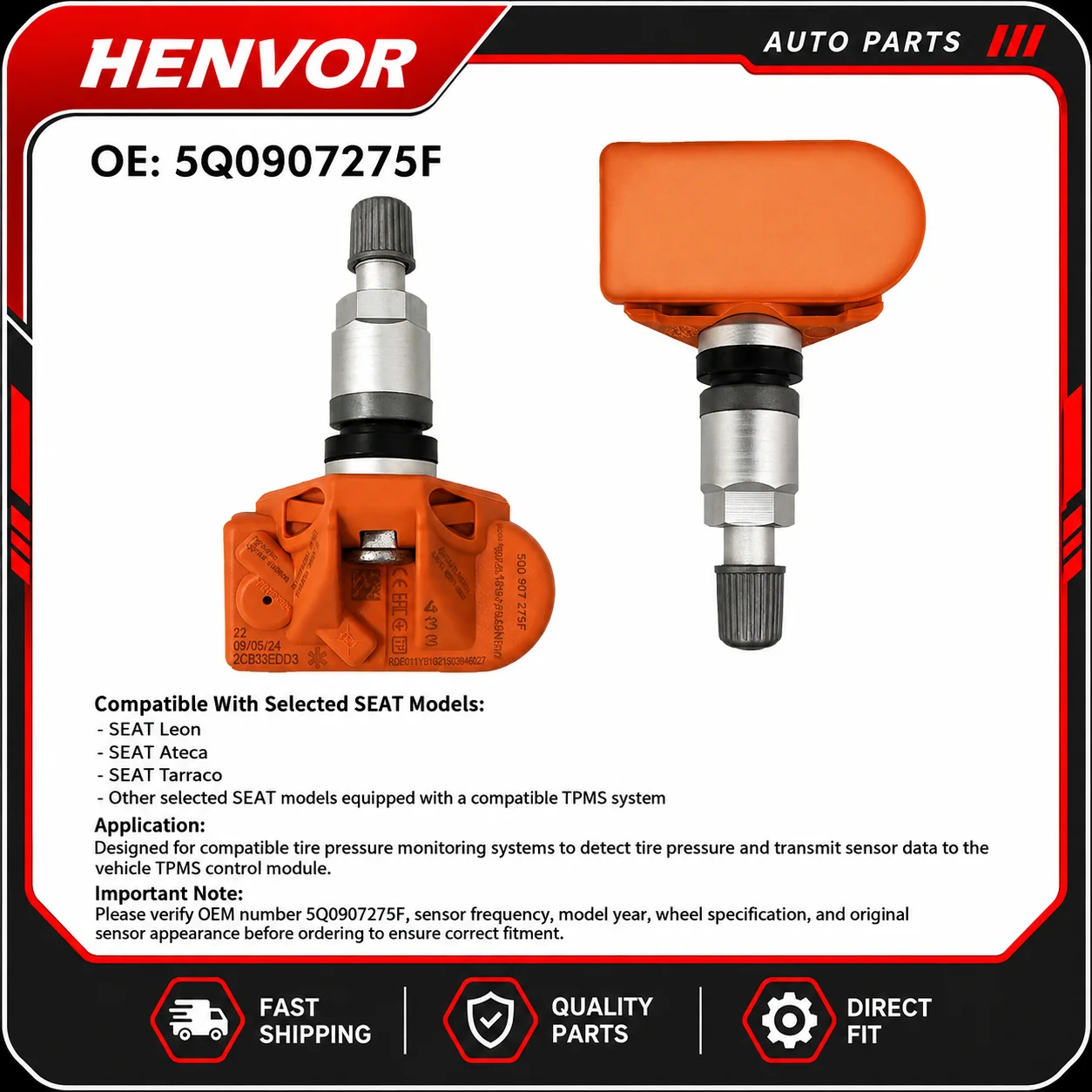5Q0907275F TPMS Tire Pressure Sensor for VW Audi Skoda Seat Wheel Pressure Monitoring System
