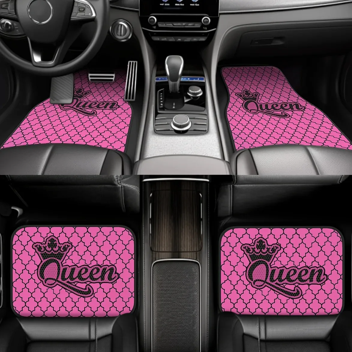 

4 Pieces Pink Queen Crown Patterned Universal Fit Car Floor Mats Auto Carpet Rugs Set for SUV Van Truck - Gift for Men And Women
