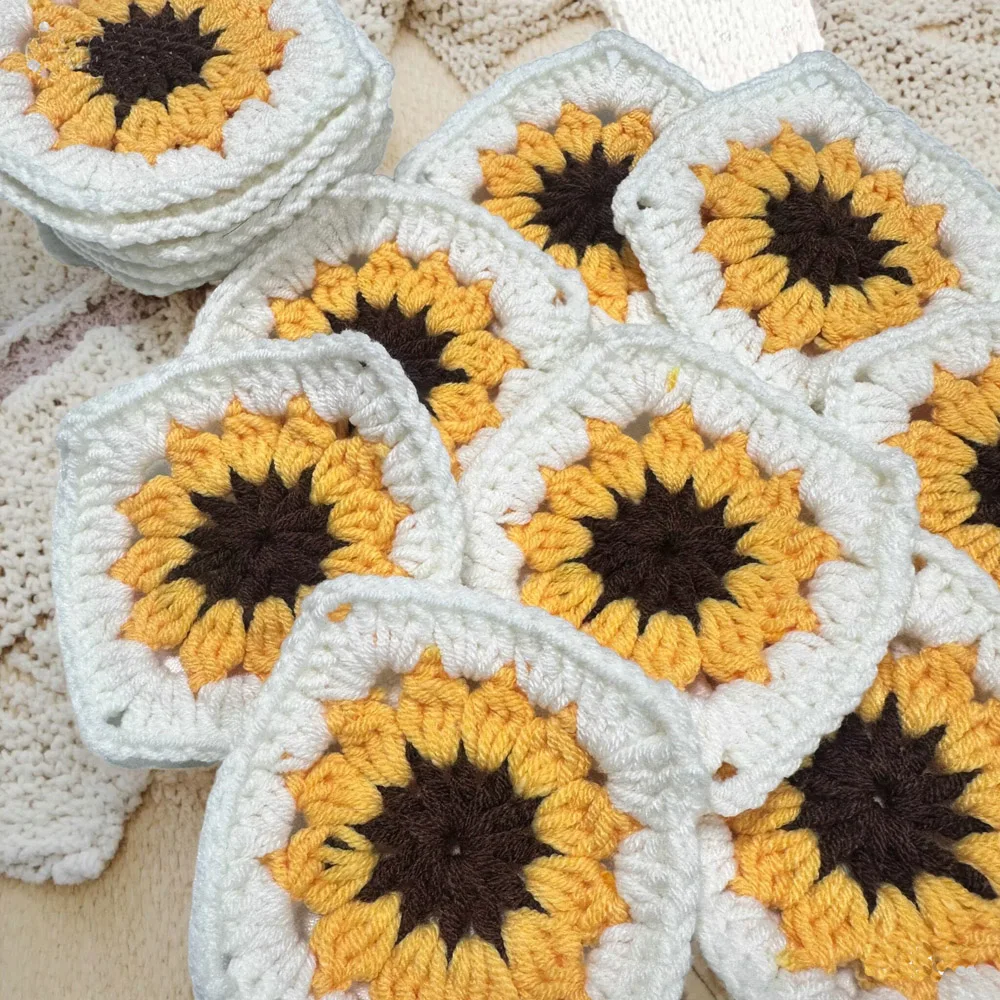Originality Handmade Crocheted Sunflower 9CM Clothing Accessories  Patches DIY Square Cup Pads Bags Accessories 40pcs/lot